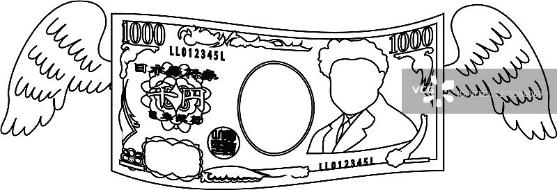 带羽毛的变形日本1000日元纸币轮廓图片素材