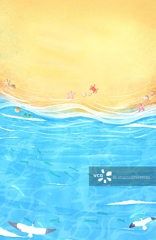 夏天沙滩上海浪拍打着细沙，海鸥在飞插画图片素材