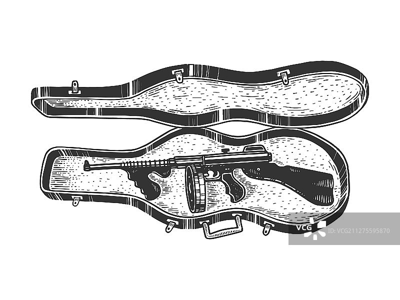 汤普森冲锋枪小提琴盒素描雕刻图片素材
