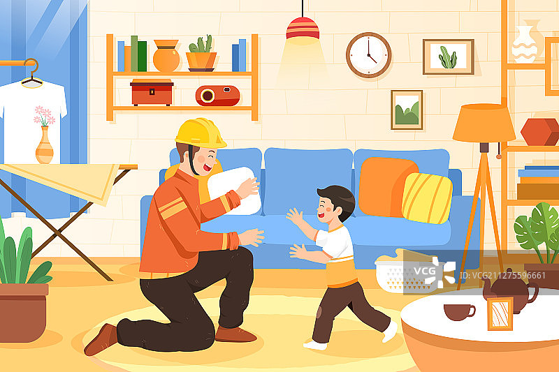 父亲消防员建筑工劳动节职业回家亲子活动背景矢量插画图片素材