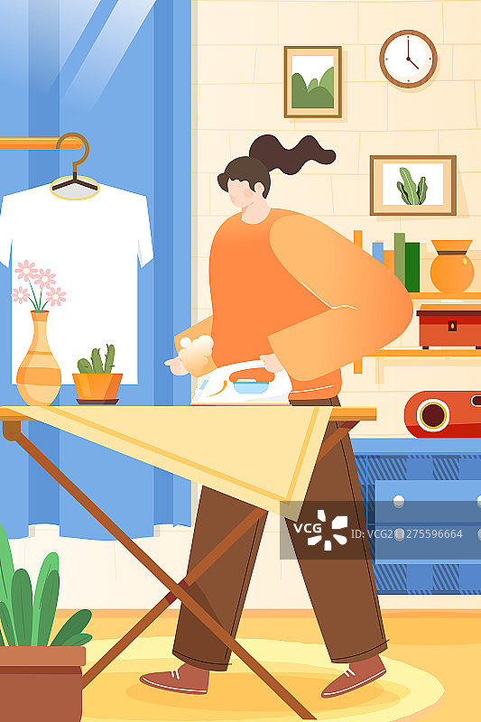 女孩熨衣服家务购物电商促销活动家居房间背景矢量插画图片素材