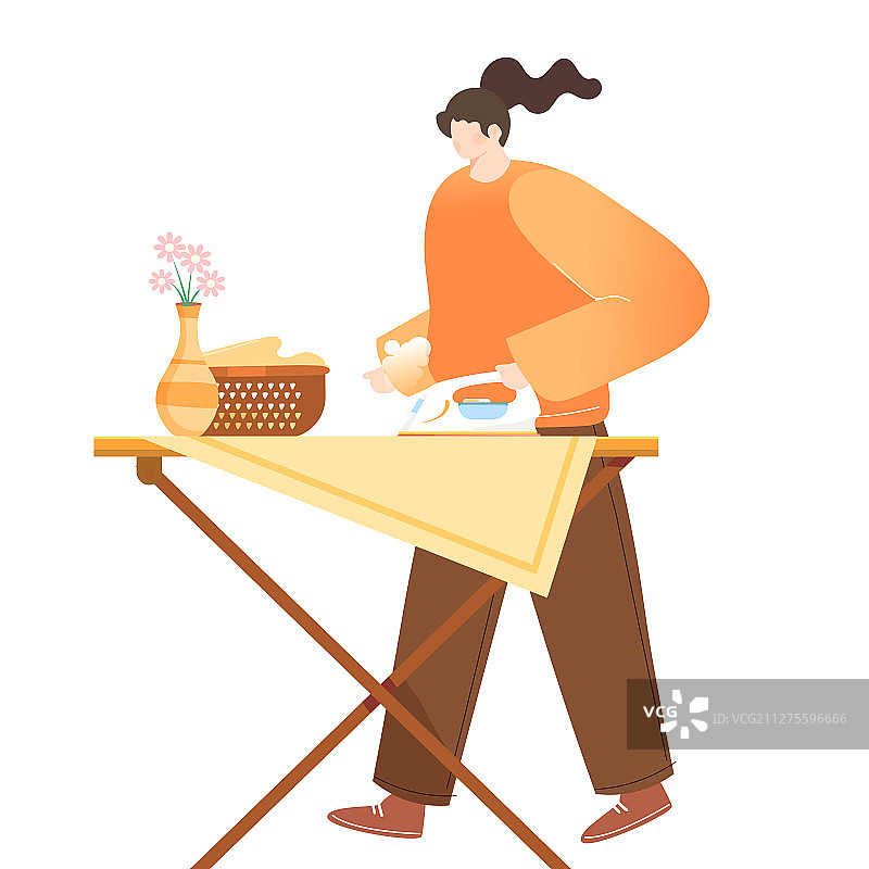 女孩熨衣服家务购物电商促销活动家居房间背景矢量插画图片素材