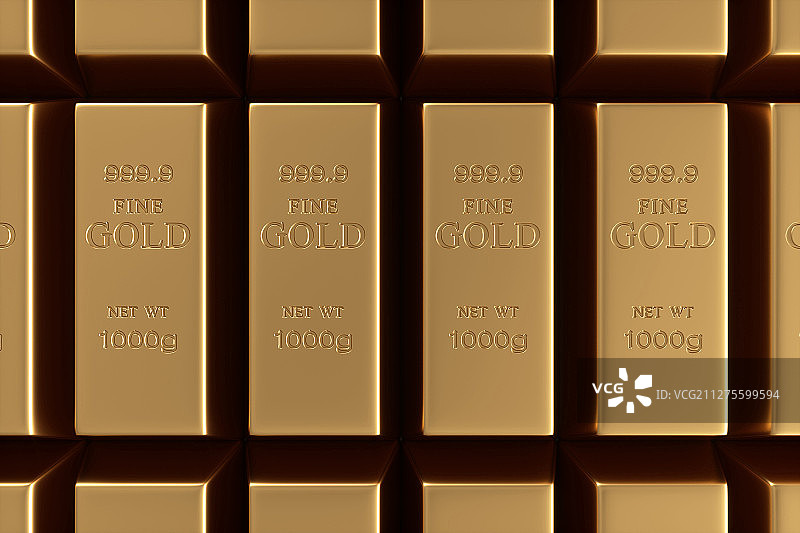 金库中整齐排列的一千克纯金金砖图片素材