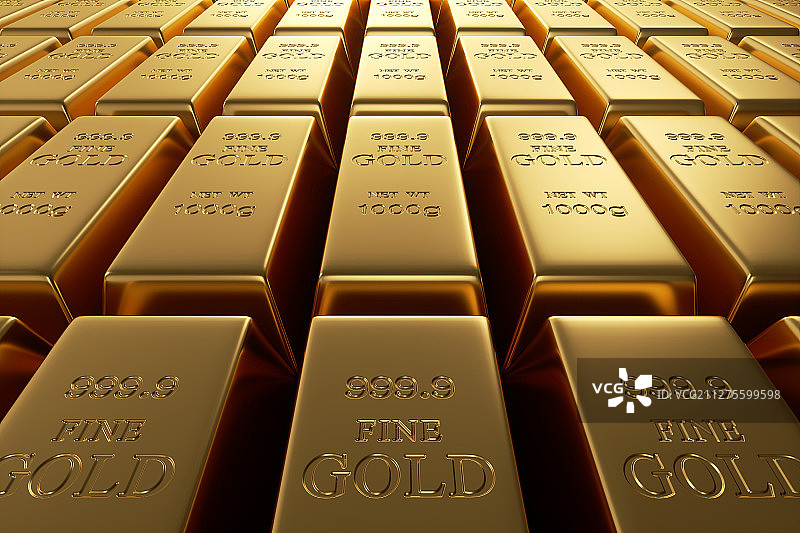 金库中整齐排列的一千克纯金金砖图片素材