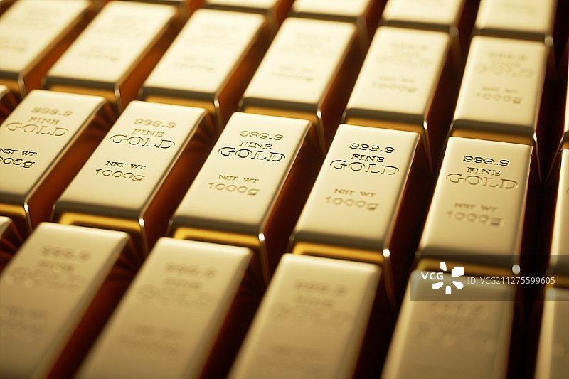 金库中整齐排列的一千克纯金金砖图片素材
