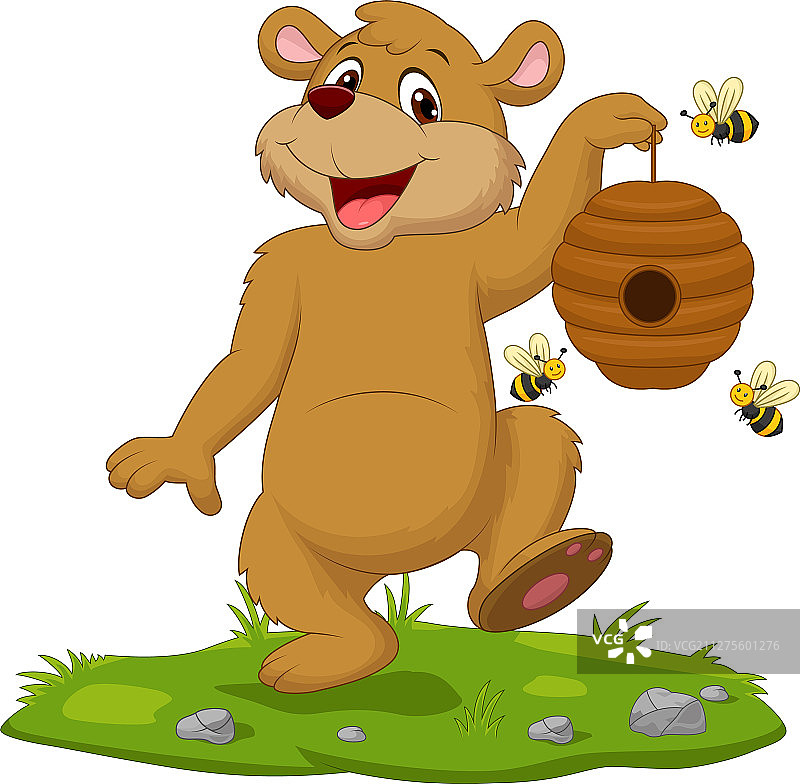 卡通熊拿着草地上的蜂箱图片素材