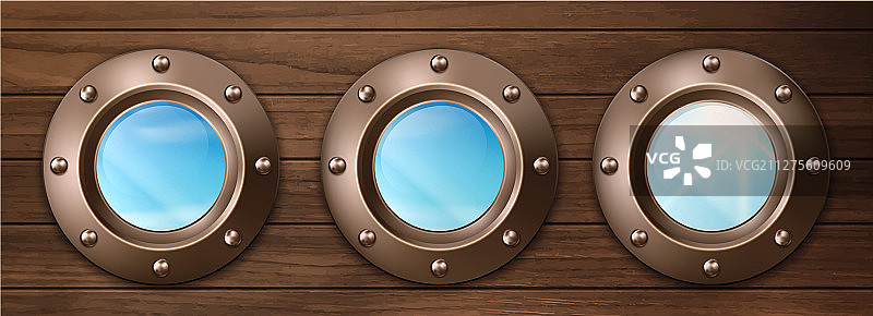 木墙上的船舷窗与天空景色图片素材