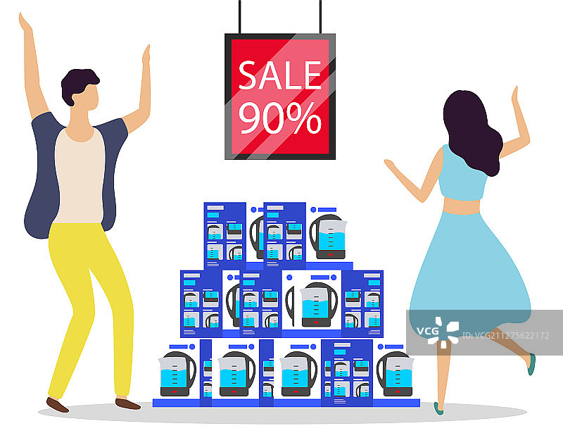 快乐的购物者和促销中的水壶图片素材