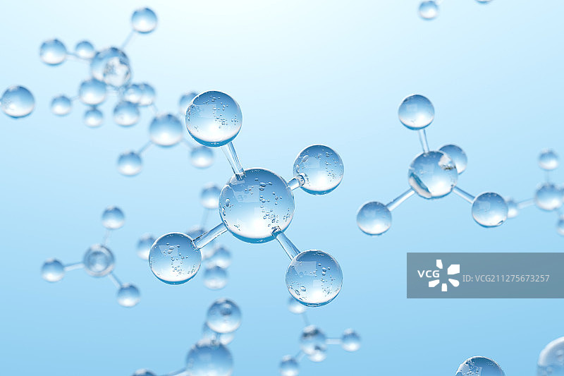 蓝色背景下的透明玻璃甲烷CH4分子模型图片素材