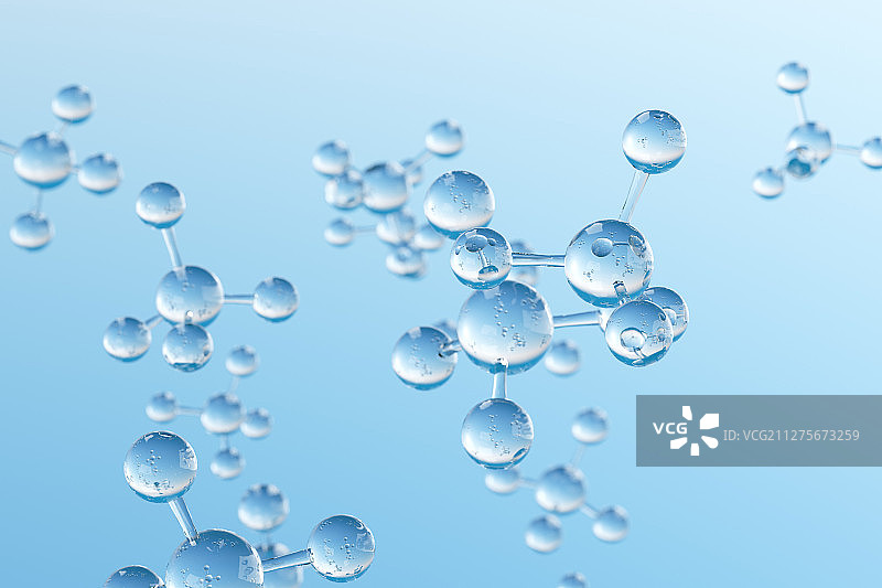 蓝色背景下的透明玻璃甲烷CH4分子模型图片素材