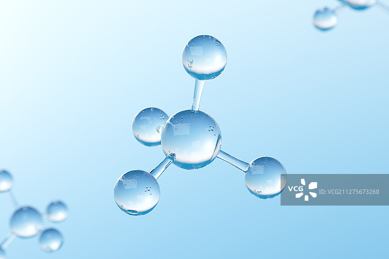 蓝色背景下的透明玻璃甲烷CH4分子模型图片素材