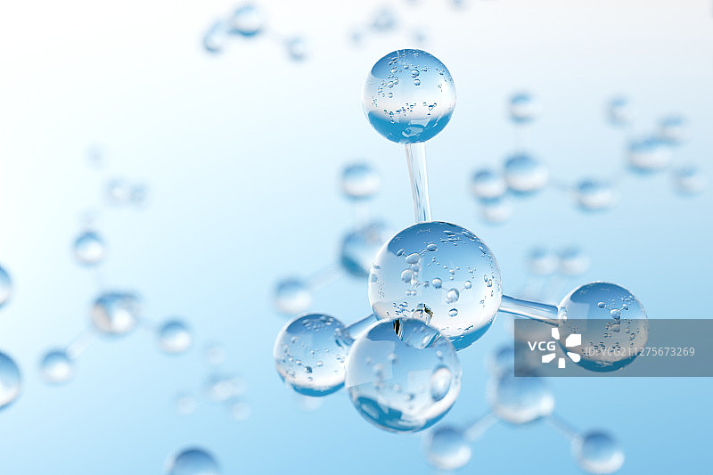 蓝色背景下的透明玻璃甲烷CH4分子模型图片素材