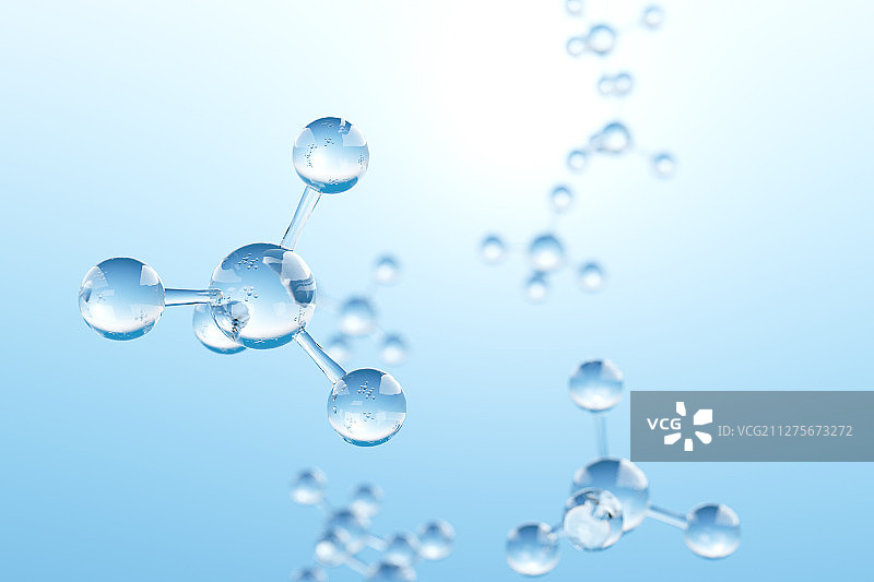 蓝色背景下的透明玻璃甲烷CH4分子模型图片素材