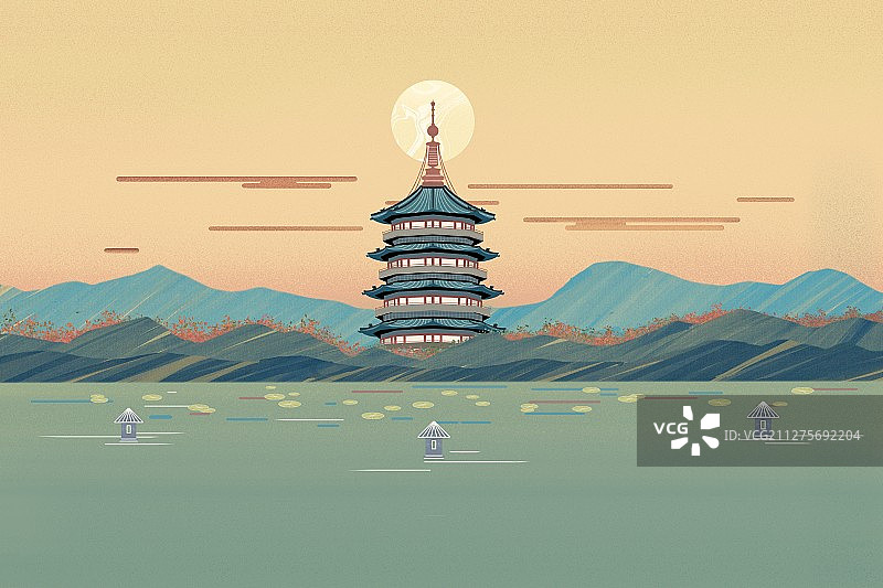 杭州西湖雷峰塔映月图片素材