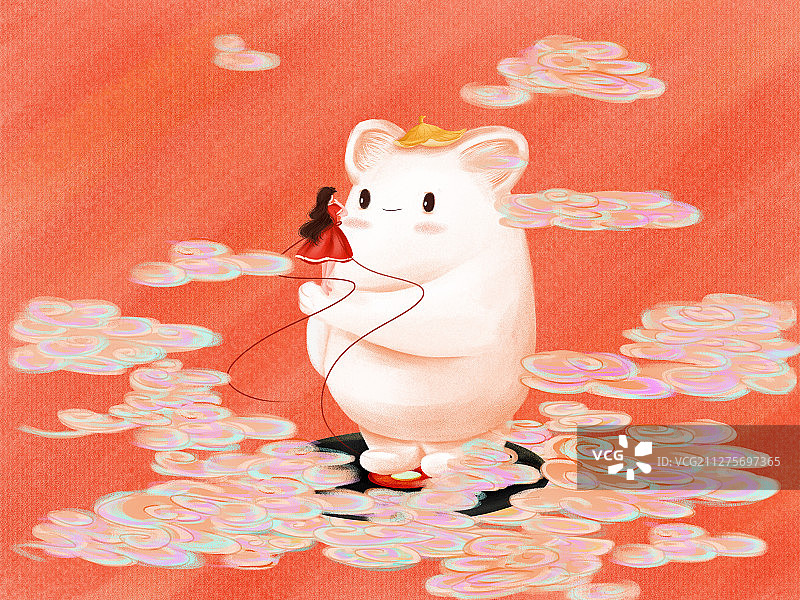 穿红色裙子的女孩站在可爱大龙猫的手上图片素材