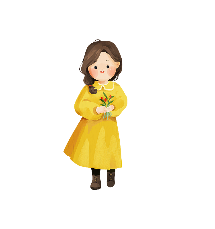 穿黄裙子拿着花束的小女孩插画元素图片素材