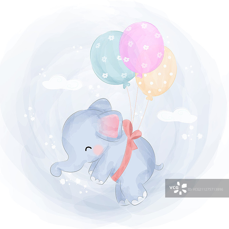 乘坐气球飞翔的可爱小象图片素材