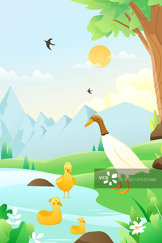 童趣夏季夏令营儿童鸭子动物踏青旅游出游春季背景矢量插画图片素材