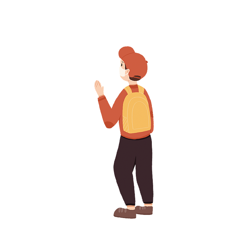 戴帽子口罩的招手男孩背影图片素材