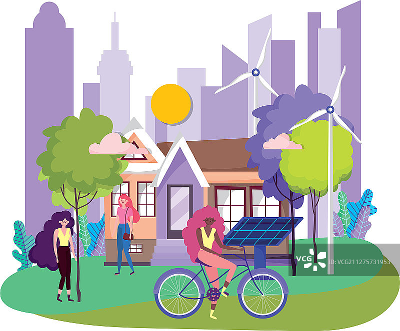 生态城市公园骑自行车的女人与风力涡轮机图片素材