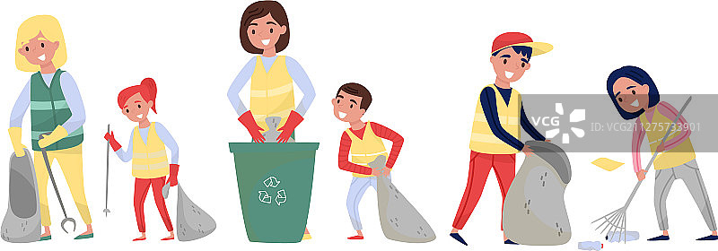 成年人和儿童清理垃圾图片素材