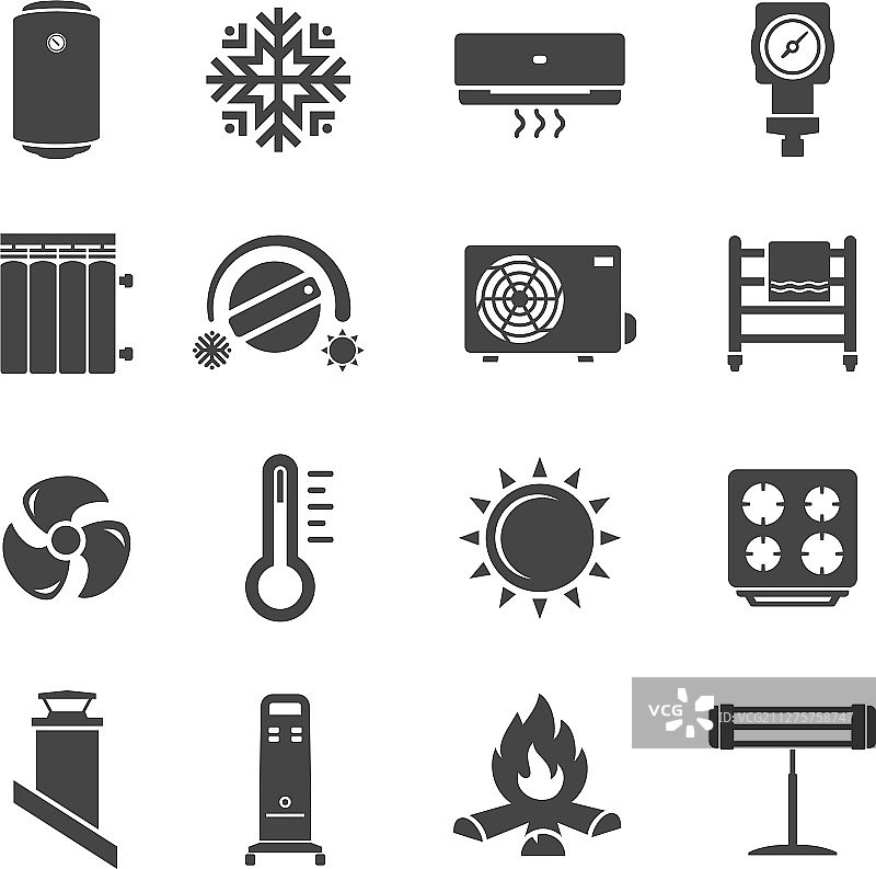 供暖系统黑色图标集合图片素材