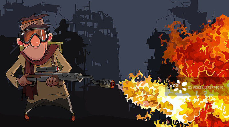 在废墟中使用火焰喷射器的卡通男人图片素材