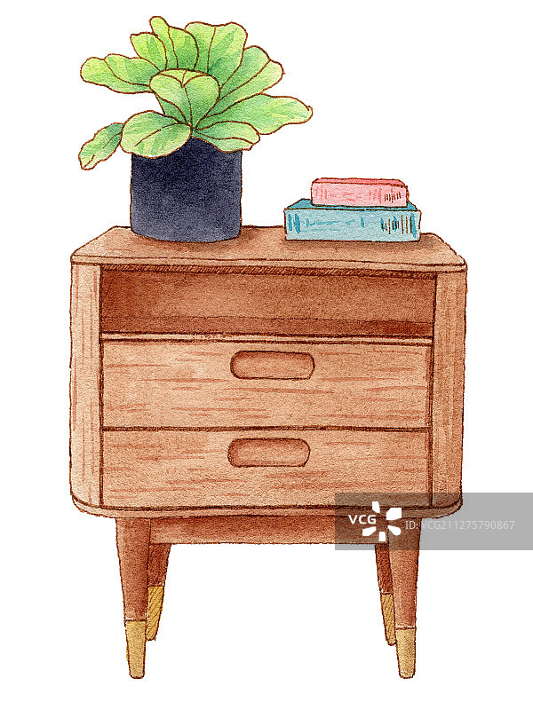 手绘钢笔淡彩床头柜家具家居摆设插画图片素材
