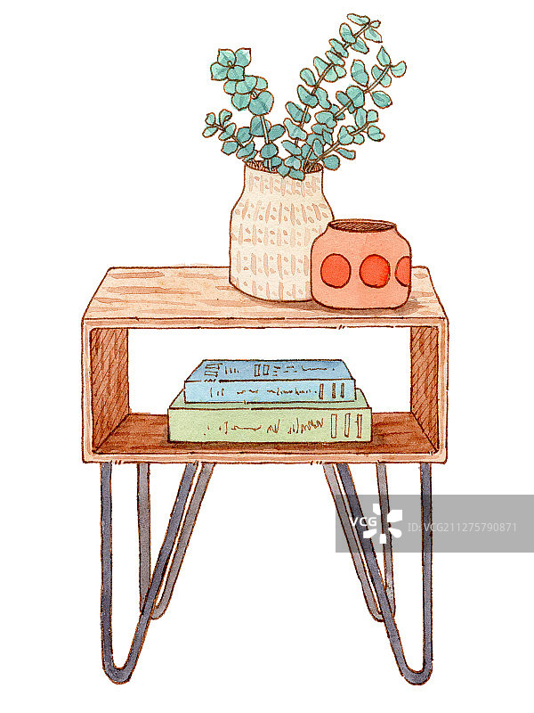 手绘钢笔淡彩床头柜家具家居摆设插画图片素材
