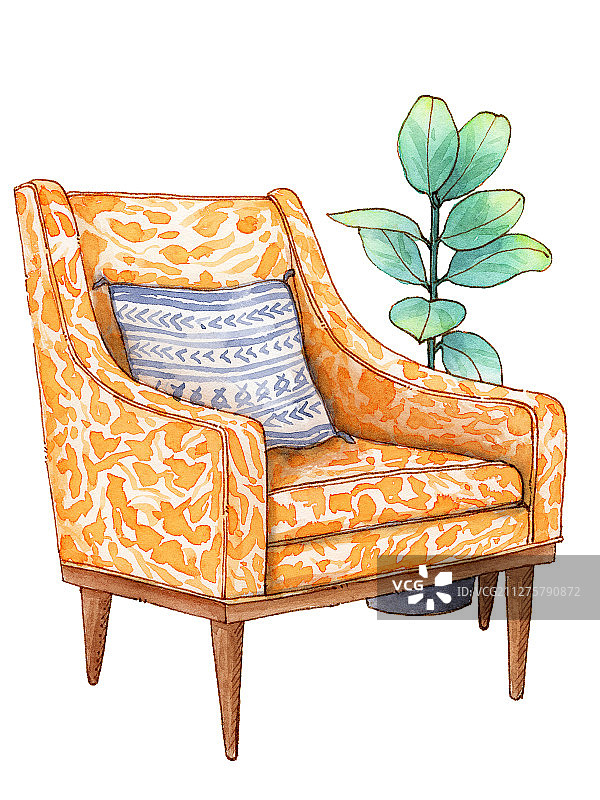 手绘钢笔淡彩单人沙发家具家居摆设插画图片素材