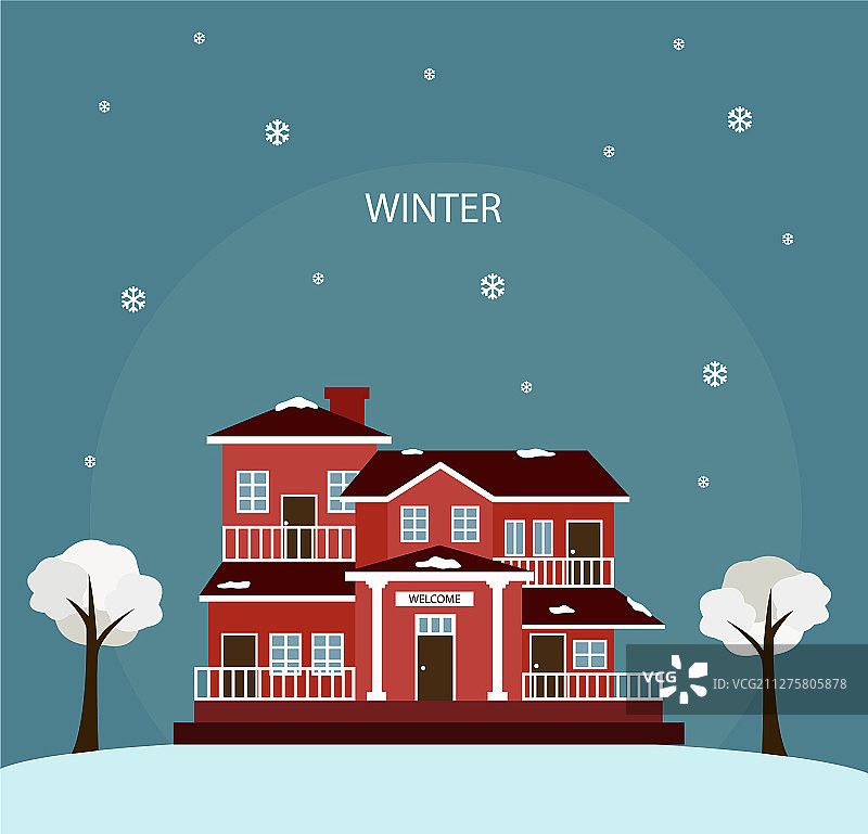 红色房屋与冬季图片素材