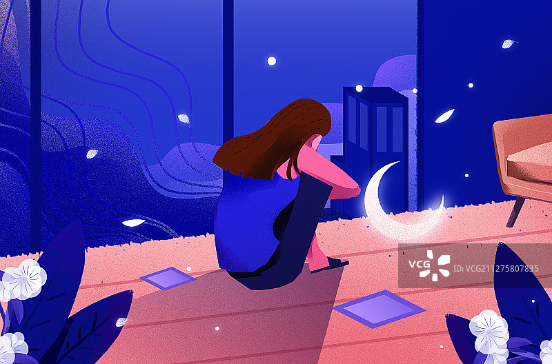 卡通手绘世界自闭日女子孤独抱膝坐插画图片素材