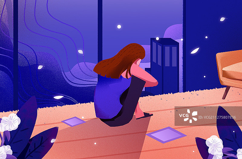 卡通手绘世界自闭日女子孤独抱膝坐插画图片素材