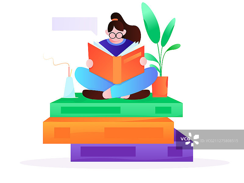 认真阅读的女孩2， 矢量扁平人物场景创意概念插画图片素材