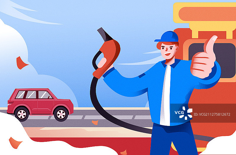 卡通手绘加油站工作人员竖大拇指插画图片素材
