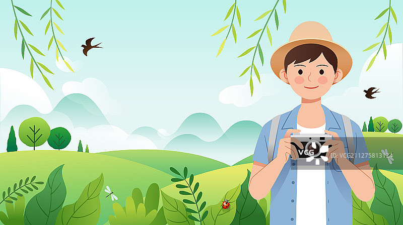 一个男生在户外拿着相机图片素材