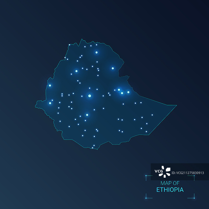 带有城市发光点的埃塞俄比亚地图（霓虹灯效果）图片素材