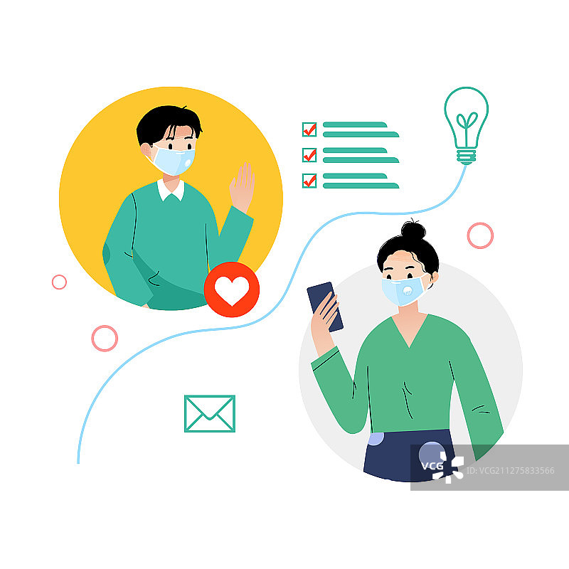 戴着口罩在家办公卡通插画图片素材