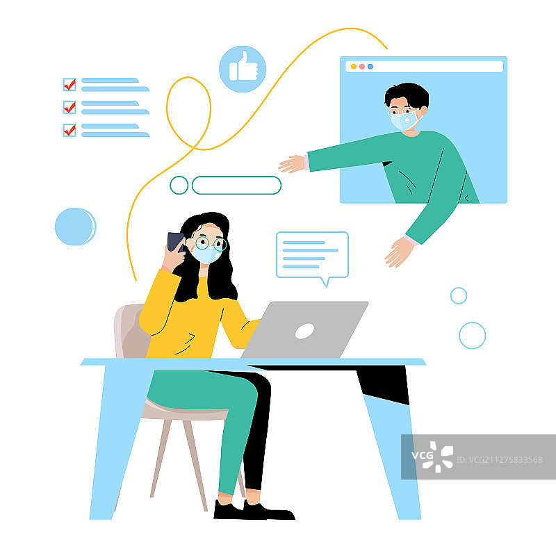 戴着口罩在家办公卡通插画图片素材