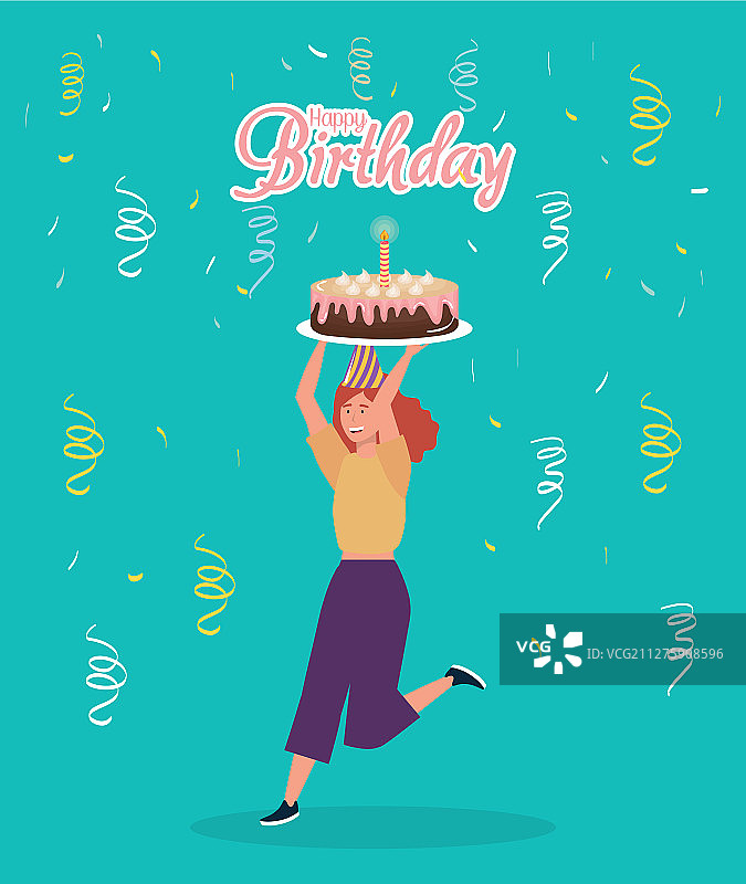 拿着蛋糕和纸屑的生日快乐女人图片素材