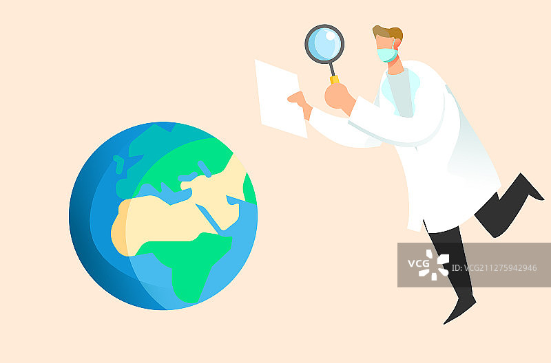 卡通手绘医生拿放大镜看地球插画图片素材