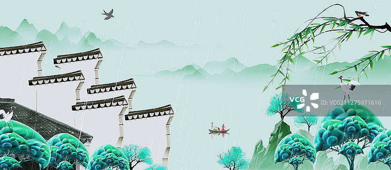 手绘中国风节气马头墙山水画图片素材