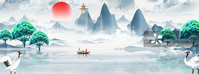 手绘中国风蓝色节气山水画图片素材