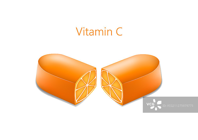 切开的橙子和两半药丸图片素材