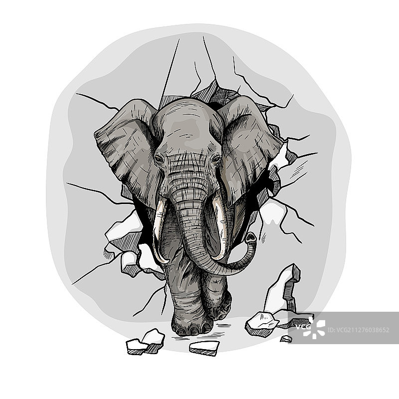 冲破墙壁行走的大象图片素材