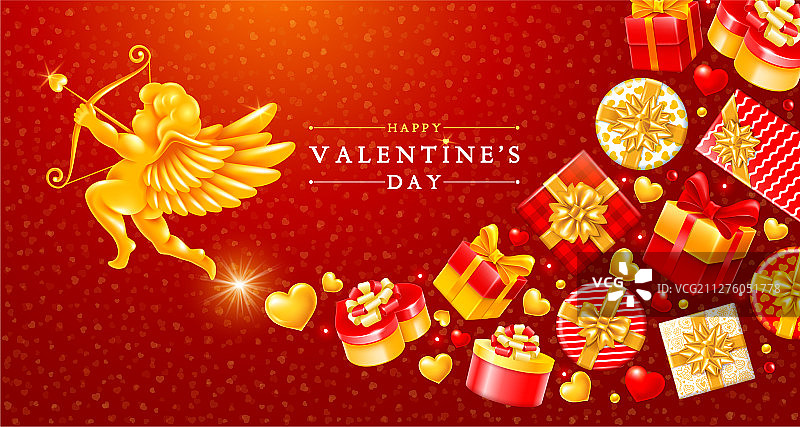 带丘比特和礼物的 Valentine 情人节贺卡图片素材