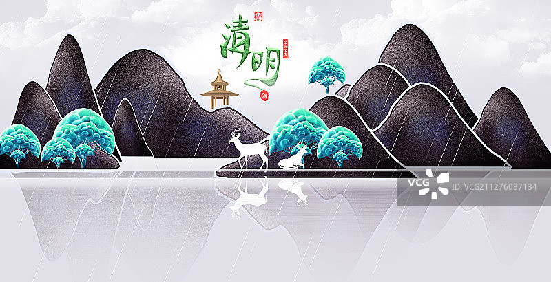 手绘中国风简约节气山水画图片素材