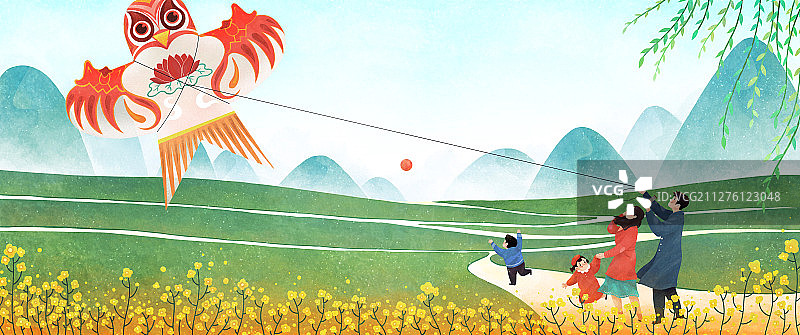 春天-放风筝-一家人图片素材