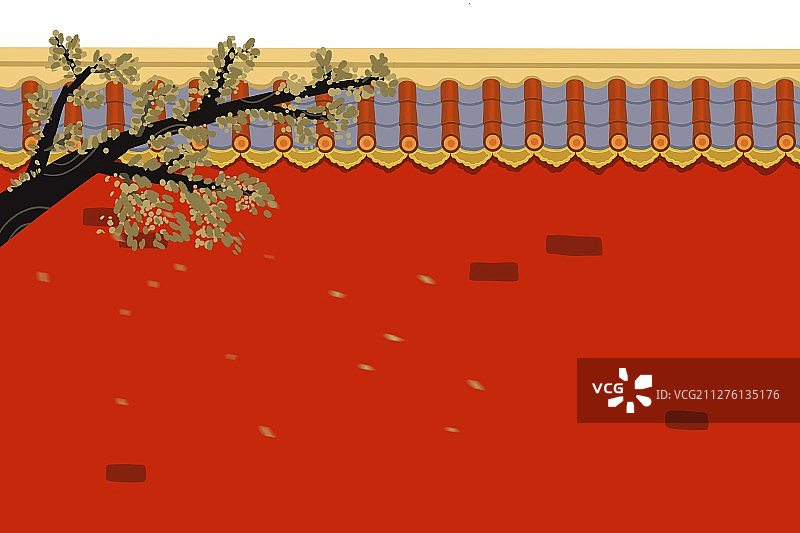 插画：落叶红色古城墙背景图片素材