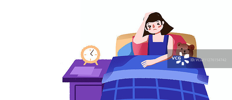 卡通手绘女孩熬夜失眠插画图片素材
